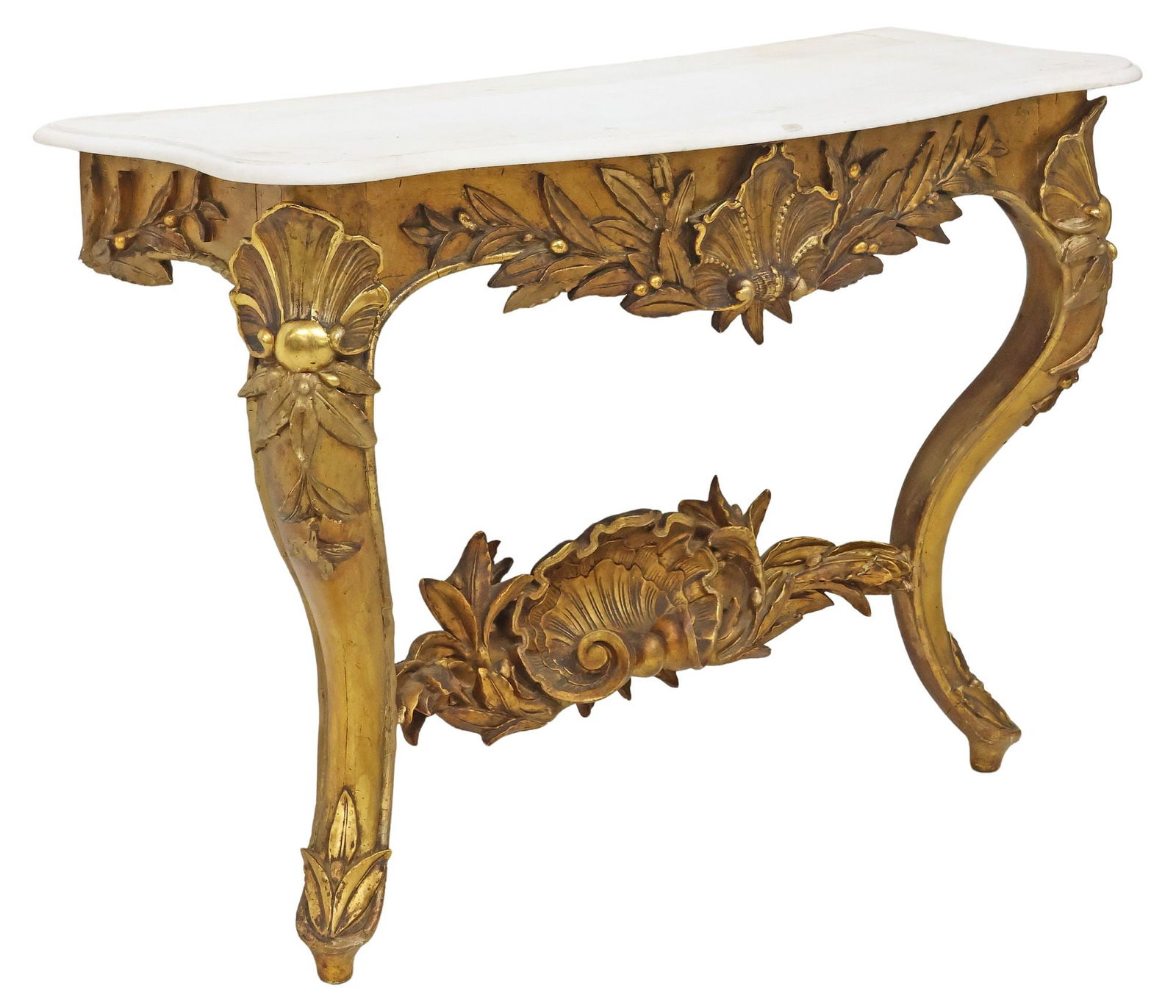 FRENCH LOUIS XV STYLE MARBLE-TOP GILTWOOD CONSOLE TABLE: French Louis XV style giltwood wall-mounted console table, 19th c., shaped marble top, over large rocaille shell and laurel branch crest and stretcher, rising on cabriole legs, with some areas of mold
