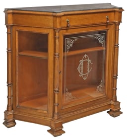 FRENCH MARBLE-TOP OAK & ETCHED GLASS CABINET