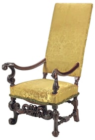BAROQUE STYLE FRENCH & CO. CARVED WALNUT HIGHBACK ARMCHAIR