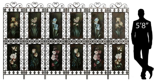 LARGE TOLE PAINTED WROUGHT IRON SIX-PANEL FOLDING SCREEN, 73"H