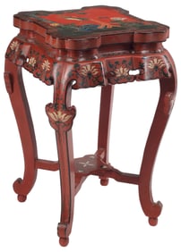 CHINESE RED LACQUER & PAINT-DECORATED PEDESTAL SIDE TABLE