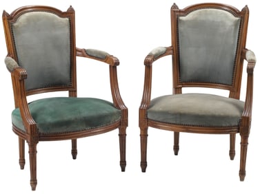 (2) FRENCH DIRECTOIRE STYLE UPHOLSTERED ARMCHAIRS / FAUTEUILS