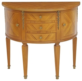 FRENCH LOUIS XVI STYLE MATCHED VENEER DEMILUNE LOW CABINET