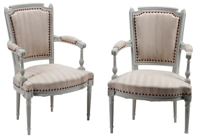(2) DIRECTOIRE STYLE WHITE PAINTED & UPHOLSTERED ARMCHAIRS
