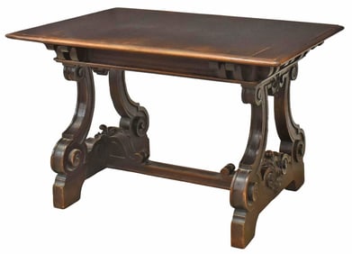 FRENCH RENAISSANCE REVIVAL CARVED OAK TRESTLE TABLE