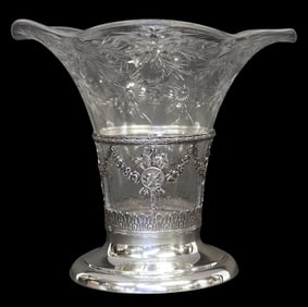 AMERICAN STERLING SILVER & ENGRAVED GLASS FLOWER HOLDER