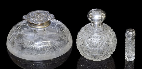 (3) SILVER-MOUNTED CUT-GLASS INKWELL & SCENT BOTTLES
