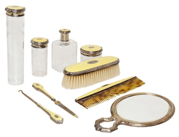 (9) ART DECO STERLING SILVER & GUILLOCHE ENAMEL DRESSING TABLE SET