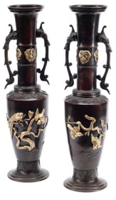 (2) JAPANESE MEIJI STYLE PATINATED & GILT-BRONZE HANDLED VASES