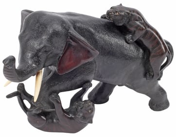JAPANESE MEIJI-PERIOD PATINATED BRONZE SCULPTURE, ELEPHANT & TIGERS