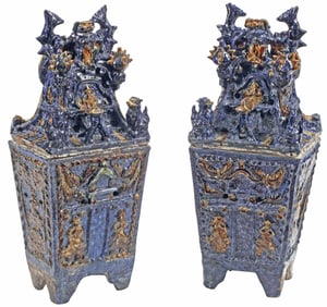 (2) LARGE JAPANESE OKINAWAN GLAZED POTTERY FUNERARY URNS, 34"H