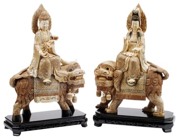 (2) CHINESE BONE-TILED FIGURE GROUPS MANJUSHRI¬†& GUANYIN, 23"H