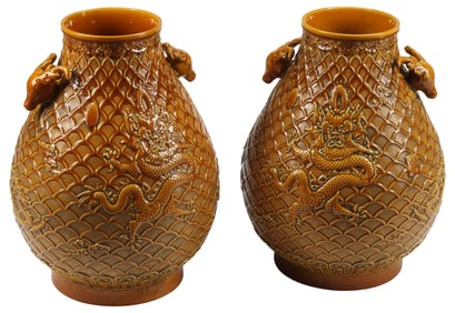 (2) LARGE CHINESE EARTHENWARE HU-FORM VASES WITH DEER HANDLES, 20"H