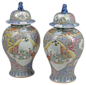 (2) LARGE CHINESE FAMILLE ROSE PORCELAIN VASES & COVERS, 34"H