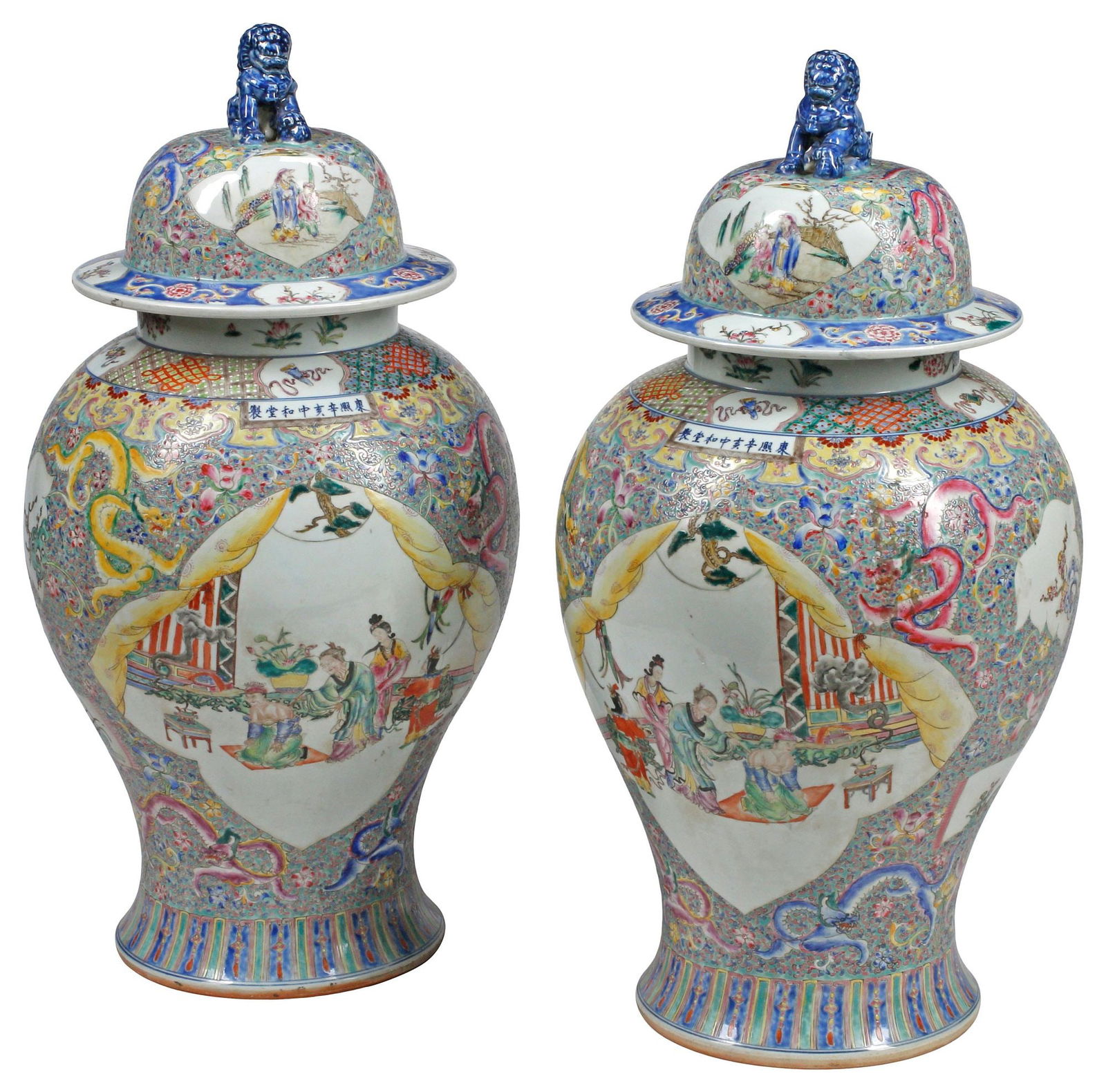 (2) LARGE CHINESE FAMILLE ROSE PORCELAIN VASES & COVERS, 34"H (1 of 7)