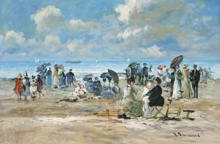 JACQUES DEVEAU (B.1937) OIL PAINTING ON THE BEACH, 24" X 36"