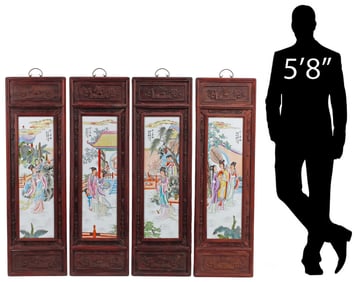 (4) FRAMED CHINESE FAMILLE ROSE PORCELAIN PLAQUES, 48"H