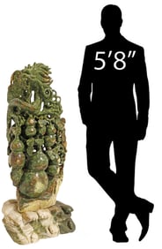 LARGE CHINESE CARVED GREEN HARDSTONE DRAGON FIGURE, 49"H