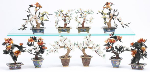(10) CHINESE HARDSTONE FLOWERING TREES IN CLOISONNE PLANTERS
