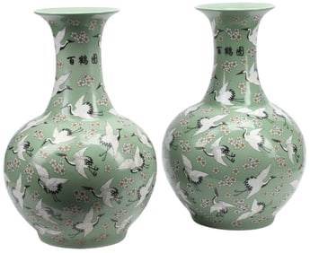 (2) CHINESE CELADON-GLAZED PORCELAIN CRANE & CHERRY BLOSSOM VASES