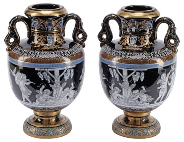 (2) MINTON-STYLE 'PATE-SUR-PATE' BLACK PORCELAIN VASES