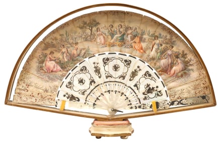 FRAMED FRENCH NAPOLEON III SILVERED MOTHER-OF-PEARL FAN IN SHADOWBOX