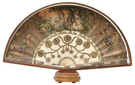 FRENCH NAPOLEON III PERIOD HAND-EMBELLISHED BONE FAN IN SHADOWBOX