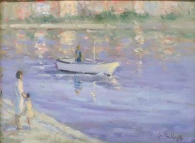 GEORGE PHILLIPS (20TH C.) PAINTING, COASTAL SCENE WITH BOAT