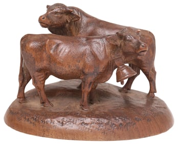 BLACK FOREST CARVED WALNUT FIGURAL GROUP, TWO COWS