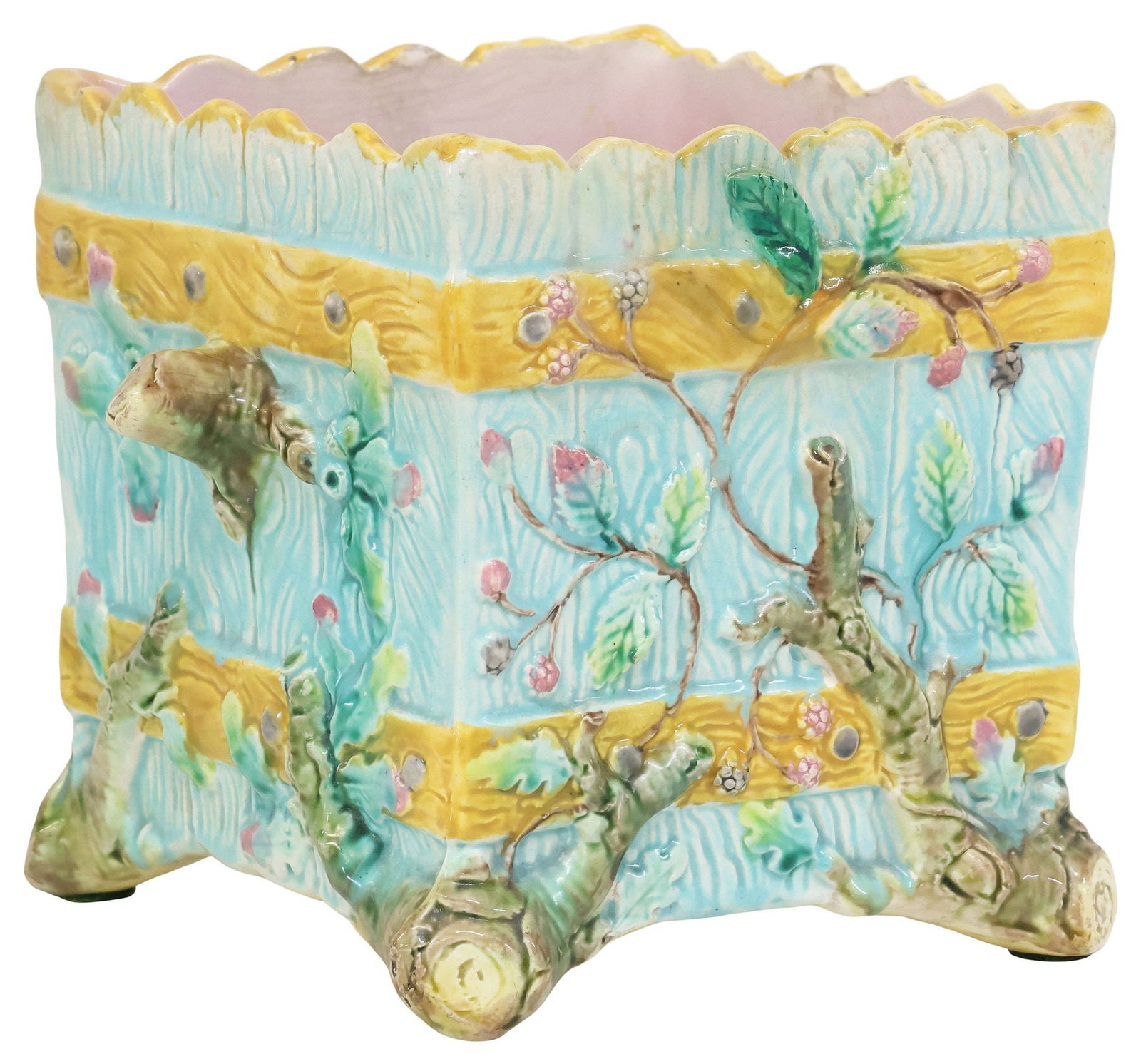 VICTORIAN MAJOLICA 'FAUX BOIS' JARDINIERE OR CACHEPOT: Victorian majolica "faux bois" jardiniere/ cachepot, late 19th c., of square form, with handles formed as naturalistic branches, the sides with molded oak leaves and vining berries in relief, unmarked