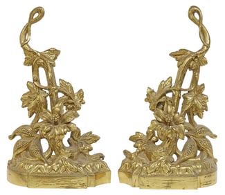 (2) ART NOUVEAU ORMOLU FLORAL FIREPLACE ANDIRONS / CHENETS