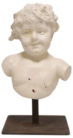 WHITE-PAINTED TERRACOTTA PUTTO BUST SCULPTURE ON IRON STAND