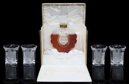 (5) FRENCH LALIQUE CRYSTAL 'ENFANTS' SHOT GLASSES & 'COEUR JOIE' PERFUME BOTTLE