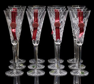 (12) CASED WATERFORD '12 DAYS OF CHRISTMAS' CRYSTAL CHAMPAGNE FLUTES