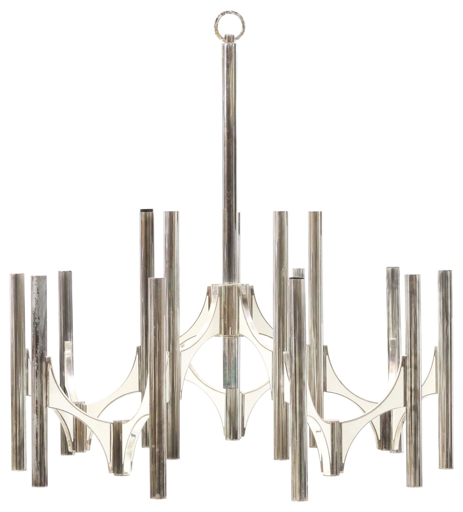 GAETANO SCIOLARI (ATTRIB.) CHROMED METAL 14-LT 'SNOWFLAKE' CHANDELIER: Italian mid-century modern fourteen-light chromed metal "snowflake" chandelier, attributed Gaetano Sciolari (1927-1994), c.1960s, cylindrical central standard issuing tiered frame, joined by white-ena
