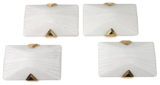 (4) ART DECO STYLE BRONZE-MOUNTED WHITE GLASS 2-LT WALL SCONCES