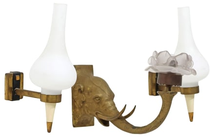(3) MID-CENTURY WALL SCONCES, OPALINE GLASS & ELEPHANT MASK