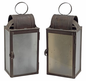 (2) PATINATED IRON & FROSTED GLASS 2-LIGHT LANTERNS