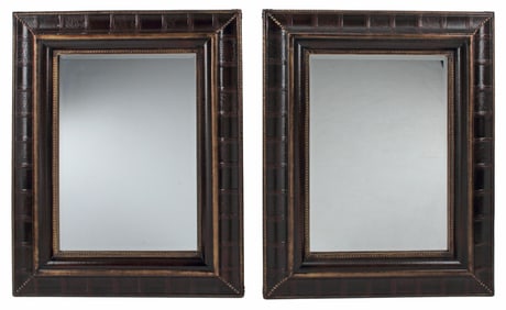 (2) PORTUGUESE STYLE EMBOSSED LEATHER BEVELED MIRRORS