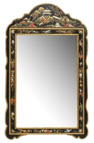 LARGE MIRROR FAIR CHINOISERIE BLACK LACQUER BEVELED MIRROR, 51.5"H
