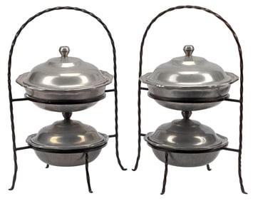 (2) WILTON COLUMBIA PEWTER CHAFING DISHES ON TIERED WROUGHT IRON STANDS