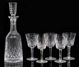 (6) WATERFORD 'LISMORE' CRYSTAL CLARET WINE GLASSES & DECANTER