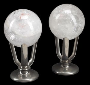 (2) ROCK CRYSTAL SPHERES ON SILVER-TONE METAL STANDS
