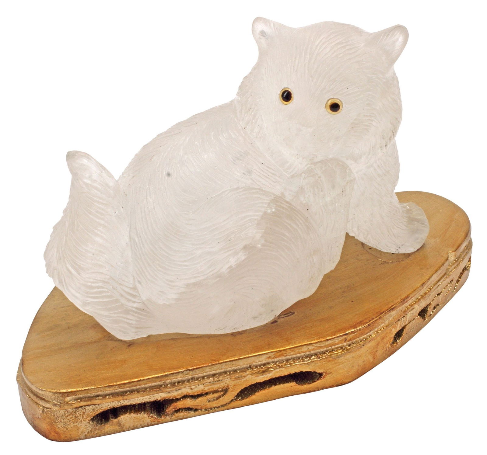 CARVED ROCK CRYSTAL CAT SCULPTURE ON GILT BASE (1 of 4)