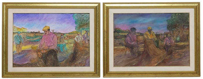 (2) BENITO LAZZARI (B.1936) FISHERMEN PAINTINGS, 'PESCATORI,' 27.5" X 19.5"
