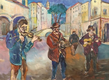 BENITO LAZZARI (B.1936) MUSICIANS PAINTING, 'STRADA DI PAESE,' 31.5" X 23.75"