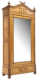 FRENCH BIRD'S EYE MAPLE & FAUX BAMBOO MIRRORED ARMOIRE