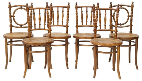 (6) AUSTRIAN VIENNESE CANED BENTWOOD BISTRO CHAIRS, 4 FISCHEL