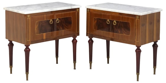 (2) ITALIAN MID-CENTURY MODERN MARBLE-TOP INLAID NIGHTSTANDS