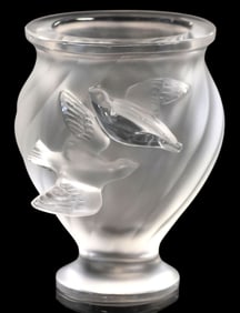 FRENCH LALIQUE FROSTED ART CRYSTAL 'ROSINE' BIRD VASE